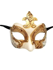 White Gold Fleur De Lis Masquerade Mardi Gras Mask Italy Italian Venetian Music - Picture 1 of 8