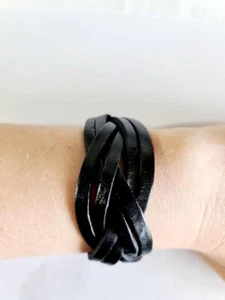 Ladies Double Braided Black Leather Bracelet for Small Wrist A855 - Picture 1 of 2