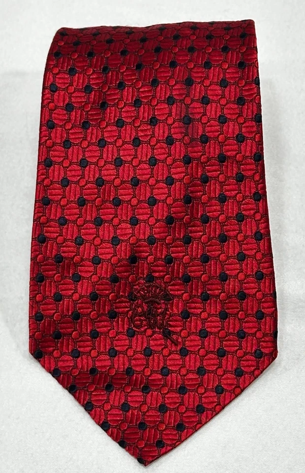 VTG Countess Mara Tie Designer Red Geometric Embroidered Logo Silk 55” x 3.625” - Image 1 of 4
