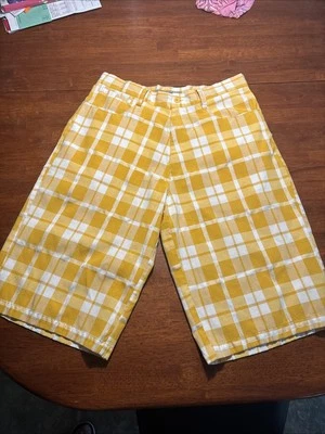 Pantalones Cortos Beyond The Limit Para Hombre Amarillo Blanco A Cuadros Frente Plano Cinturón 34 Y2K Patinador Foto 1 de 4