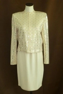 ST JOHN EVENING Santana Cream w/Gold & Silver Paillettes Zip Jacket Skirt 6 8 10 - Image 1 of 4