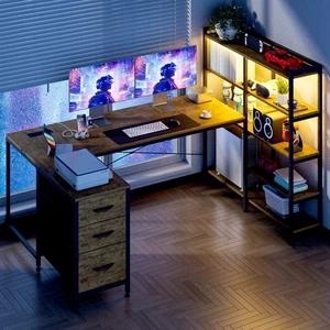 164cm U Shape LED Gaming Desk Corner Computer Table w/ Power Outlets Walnut - Picture 1 of 10
