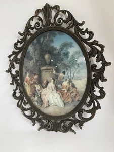 Vintage Regency, Victorian, Rococo Silk Art W/ Metal Frame Slight Domed Glss - Picture 1 of 11