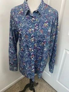 Lands End 16 Tall Blue Floral Button Up 100% Cotton No Iron - Picture 1 of 12