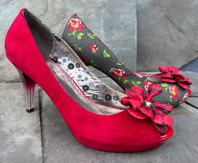 POETIC LICENCE (7.5M) ‘Summer Bloom’ Red Suede Stiletto High Heels Floral Pumps - Image 1 of 4
