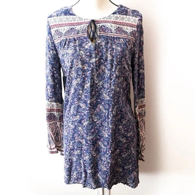 Billabong Long Sleeve Tunic Top Boho Paisley Print Size M Blue Red Tassels - Image 1 of 4