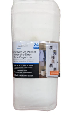 Mainstays Shoe Organizer 24 Pockets Over The Door 19” x 64” White Nonwoven *NEW - Image 1 of 4