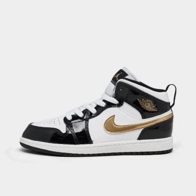 Jordan 1 Mid Patent Black White Gold Little Kids Sizes 9c to 11c New BQ6933-007 - Image 1 of 4