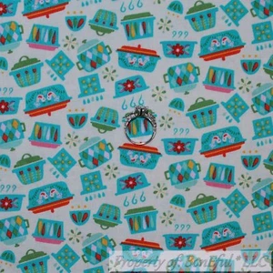 BonEful FABRIC FQ Cotton Quilt VTG White Aqua Blue Red Pink Green Kitchen Pyrex - Picture 1 of 13