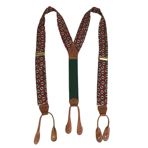 Polo Ralph Lauren Suspenders Mens Burgundy Green Silk Leather Geometric Print - Picture 1 of 7