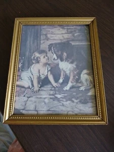 Vintage Mid Century Boy And Dog  Framed Art 11 X 9” - Picture 1 of 8