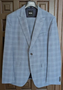 HUGO BOSS Huge Slim Fit Light Blue Plaid Suit, 100% Wool, Peak Lapel, 44 R -NWOT - Picture 1 of 10