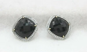 Sterling  Silver & 14k Black Onyx & Cubic Zirconia CZ 1" Earrings~  Pre-owned - Picture 1 of 8