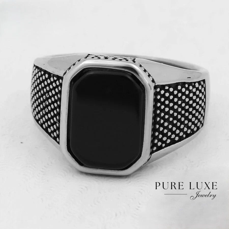 Men's Stainless Steel Black Onyx Rings #8-13 High Polish*BOX Foto 1 de 1