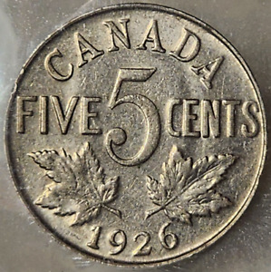 CANADA GEORGE V 5 CENTS 1926 NEAR 6 - ICCS AU50