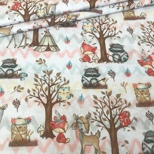 WOODLAND TEEPEE RACOON FOX FAWN ZIG ZAG ON WHITE 100% COTTON FABRIC per metre - Picture 1 of 2