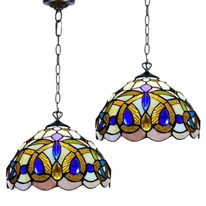 Pair of 2 Tiffany Antique Diamond Style 10 inch Pendant Lamp Stained Glass Shade - Picture 1 of 12