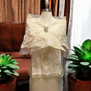 Besticktes Filipiniana Alampay beige Dreiblumen Stickerei Schal Pañuelo - Bild 1 von 9