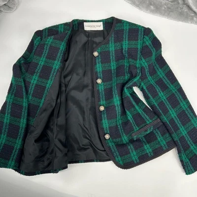 Fundamental Things Petites Size 10 Plaid Blazer Tweed Jacket Green Blue Button - Image 1 of 4