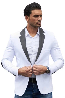 Blanco Diseñador Chaqueta Gris Vaqueros Cuello Blazer Talle Slim Fit Parche 46 - Imagen 1 de 3