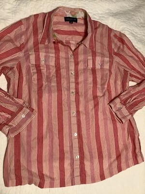 Jones New York Womens 2X Shirt button Up Long Sleeve Pink Cotton Stripe Floral - Image 1 of 4