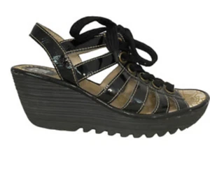 Fly London Yito Black Patent Leather Caged Lace Up Wedge Sandals EUC 39 US 9 - Picture 1 of 6