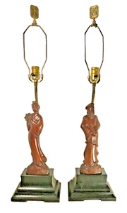 Pair YASHA HEIFETZ Asian Man & Woman Carved Wooden Table Lamps ca 1940s-1950s - Picture 1 of 14