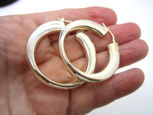 Estate Vintage Italy Huge Sleek Sterling Silver 9.5 Gram Pierced Hoop Earrings - Picture 1 of 3