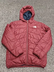The North Face Reversible Puffer Jacket Boys Large Burgundy Blue Hood Coat - Picture 1 of 12