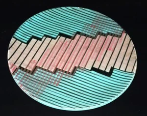 Art Glass, Signed Fused Pink & Aqua Lines, MCM Geometric Décor Platter, 13 7/8" - Picture 1 of 6