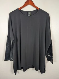 Clara Sun Woo Tunic Top Womens Medium Black Boxy Dolman Faux Leather Sleeve - Picture 1 of 10