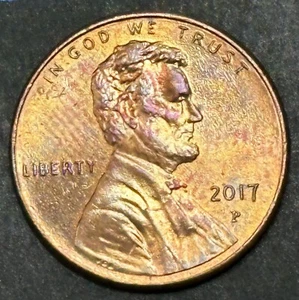 2017-P LINCOLN SHIELD CENT - RED TONED REVERSE - Picture 1 of 2