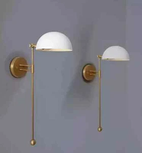 Pair White Shade Raw Antique Brass Articulated Sputnik Wall Lamp Beside Unique - Picture 1 of 6