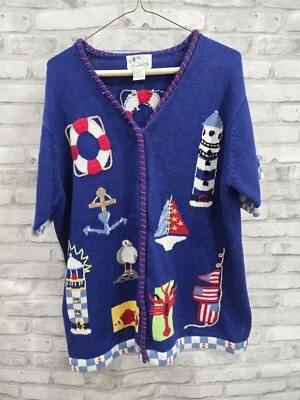 Quacker Factory Sweater Cardigan Womens L Nautical Ocean Lighthouse Seagull USA - Image 1 of 4
