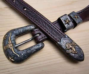 Vogt 14K GF Sterling Belt Buckle 3/4x2" & Masters Saddlery Seed Bead Belt sz. 37 - Picture 1 of 24