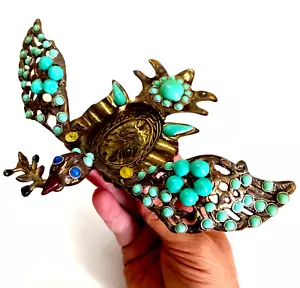 Ashtray Antique Vintage Art Bird Cabochons Brass Phoenix Ornate Bronze Colored - Picture 1 of 22