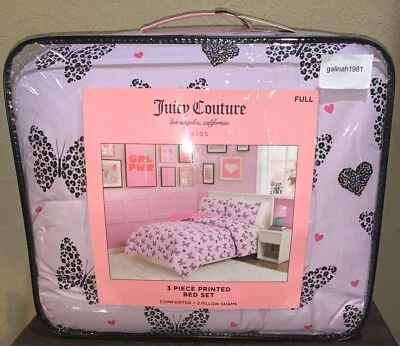 Juicy Couture Lavender w/Leopard Butterflies & Hearts FULL Comforter & Shams Set - Image 1 of 4