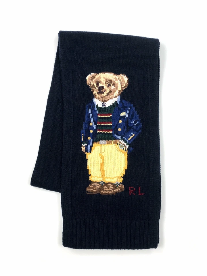Ralph Lauren Polo Bear Intarsia Knit Preppy Bear Navy Scarf