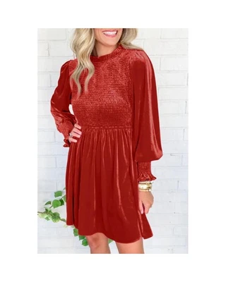 Azura Exchange Smocked Velvet Mini Dress Women Red Clay Mini Dresses Foto 1 de 4