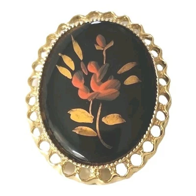 Vintage Artisan Black Porcelain Hand Painted Gold Rose Pendant Brooch - Image 1 of 4