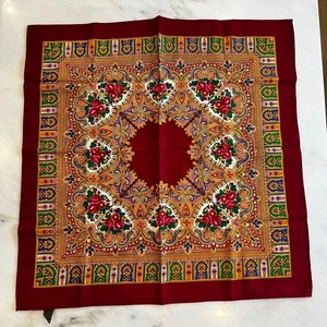Vintage Hand Printed Virgin Wool Scarf Floral Paisley Burgundy Red 29x29 - Picture 1 of 6