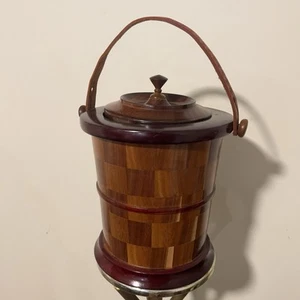 Vtg Marquetry Inlay Wood Ice Bucket Leather Strap Handle Plastic Lining MCM - Picture 1 of 12