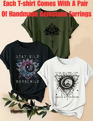 Boho Graphic T-Shirt Women’s Crew Neck Tee Moonchild/Namaste/Sun&Moon Size 8-18 - Image 1 of 4