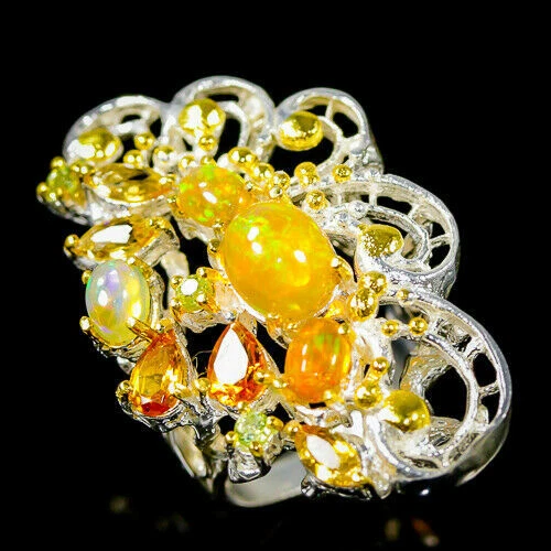 AAA+ FULL FLASH GOLDEN FIRE OPAL CITRINE PERIDOT RING 925 STERLING SILVER SZ 6.5 - Image 1 of 3