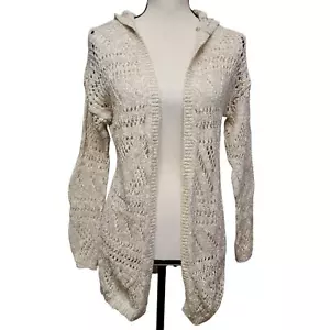 SO Cardigan Sweater Juniors Sz S Beige Gold Metallic Weave Open Hood Beachy Knit - Picture 1 of 7