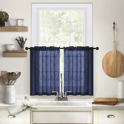 2 Panel Rustic Linen Short Cafe Curtain Tiers Kitchen Farmhouse Decor Rod Pocket - Image 1 of 4