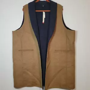 Talbots 3X Double Face Shawl Collar Vest, tan and navy longline open front, New - Picture 1 of 8