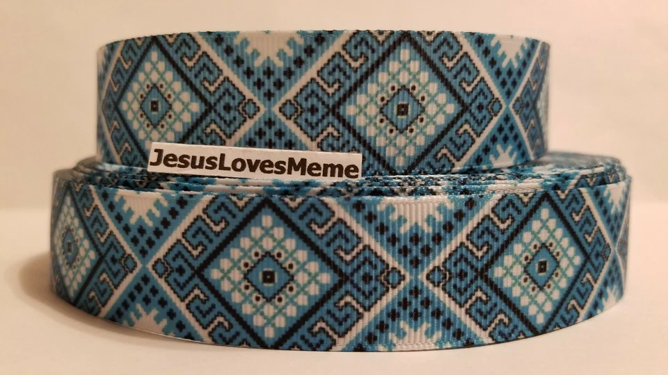 Grosgrain Ribbon Aztec Design Teal Diamonds Western Theme Embellish Crafts, 1" - Image 1 of 1