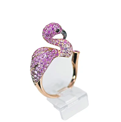 18k, FLAMINGO BIRD RING, ROSE GOLD, DIAMOND, RUBY PINK SAPPHIRE STATEMENT - Image 1 of 4