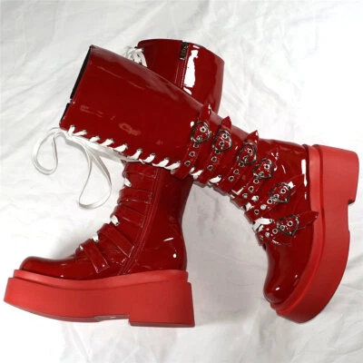 Moda Tenis Mujeres Con cordones Charol Botas hasta la Rodilla Cuña Bombas Zapatos Foto 1 de 4